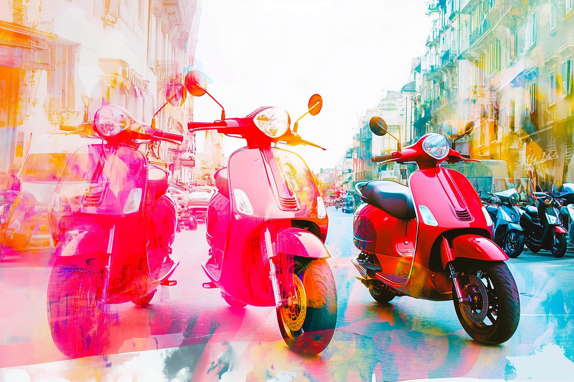 Tre scooter rossi su strada urbana, con effetti artistici e sovrapposizioni cromatiche vivaci